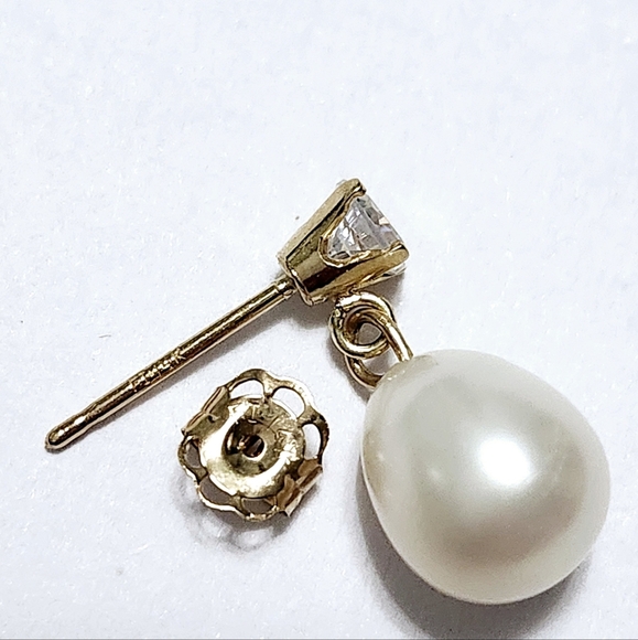 Dangle 14KY gold PEARL Stud Earrings NEW - Picture 7 of 8